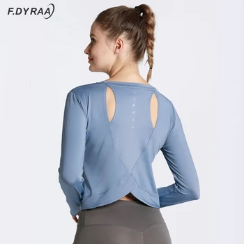 F. DYRAA iute Uscat Femei Tricouri Largi Înapoi Gaura Topuri de Sport Yoga T-shirt de Funcționare Sport Maneca Lunga Yoga Cămăși 1