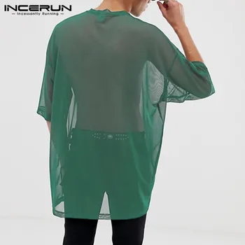 INCERUN Moda Mesh T Camasa Barbati Transparent, Maneci Scurte 2021 O de Gât Casual Teuri Respirabil Streetwear Solid Bărbați T-shirt S-5XL 1