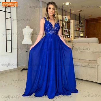 Moda Albastru Regal Rochii de Seara V Gâtului 2020 vestidos de gala din Dantela Aplicatii Sifon O Linie de Rochii Formale Slim Fit Femei Partid 1