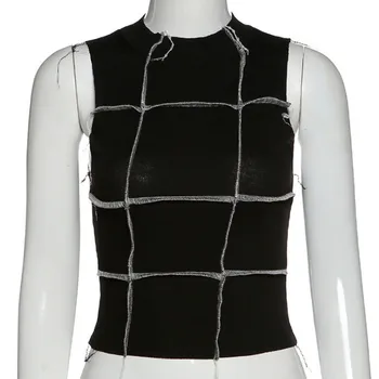 Negru Mozaic Bodycon Volan Culturilor Topuri Femeile Chic Casual Mâneci Streetwear De Vară 2020 Rezervor De Top Cu Dungi Slab Rezervor De Mujer 1