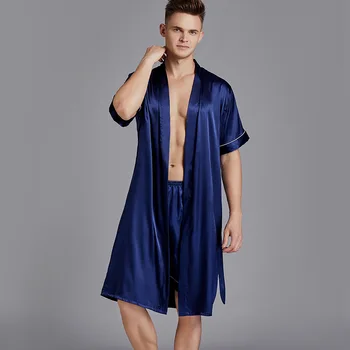 Oamenii Kimono-Halat Rochia Sleepwear 2 BUC Halat de&Set de pantaloni Scurți din Satin Matasos Pijamale Lenjerie Intima Casual, Halat de Baie Supradimensionată 3XL 1
