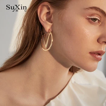 SuXin cercei 2020 simplu nou în formă de V, rotund cercei pentru femei timp de aliaj pandantiv cercei bijuterii cadou 1