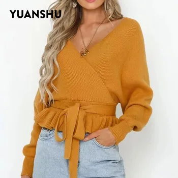 YUNANSHU 2020 Femei de Moda Pulover V Neck Toamna Primavara Tricotate Pulover Casual Batwing Maneca Arc Înnodate Topuri potrivit pentru S-XL 1