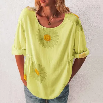 2020 Femei Elegante O-Neck Shirt Bluza Casual De Vara Lenjerie De Pat Din Bumbac Tricou Pulover Supradimensionat Daisy Print Feminin Blusa Topuri Blusas 2