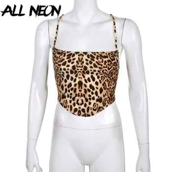 ALLNeon Y2K Vară de Moda Leopard de Imprimare Bandaj Backless Trunchiate Topuri de E-fata Sexy rochie fără Mâneci Dantelă-up Straped Rezervor de Top Vintage 2