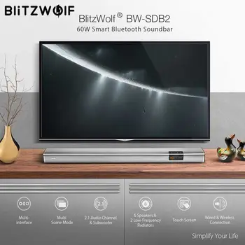 BlitzWolf 60W Inteligent bluetooth Soundbar 2.1 Canal Audio 6 Difuzoare Subwoofer 2Low Frecvență Radiatoare pentru TV, PC Fwith Coaxi 2
