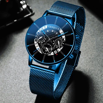 De lux de Moda pentru Bărbați de Afaceri Calendar Ceasuri Albastru Plasă din Oțel Inoxidabil Curea Analog Cuarț Ceas relogio masculino 2