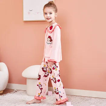 Design nou de Primăvară Pijamale Pentru Copii Fete de Bumbac Desene animate Seturi de Pijamale cu Maneca Lunga Drăguț Guler de Turn-down de Sus Și Pantaloni 2