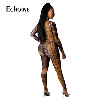 Echoine femei sexy dolarul american print set cu maneci lungi salopeta & pantaloni de creion Set de Două Piese de Petrecere club de noapte Salopetă bodysuit Tinuta 2