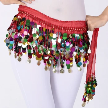 Femei Belly Dance Talie Folie Lanțuri Bling Paiete Colorate Monede Hip Eșarfe Sifon Burtă de Dans Hip fusta Centura pentru Performanță 2