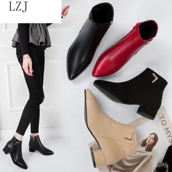 Femei Cizme Casual Din Piele Scăzut Tocuri Inalte Pantofi De Primăvară Femeie Subliniat In Picioare De Cauciuc Glezna Negru Roșu Zapatos Mujer Plus Dimensiune 35-42 2