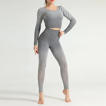 Femei fără Sudură Yoga Set de Vară Gol Gradient Elastica Fitness Sport cu mâneci Lungi T-shirt etanș Fese Pantaloni de Yoga 2