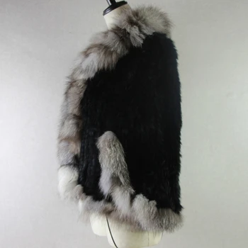 Iarnă Adevărată Blană de Iepure Poncho Pentru Femei Tricotate Naturale Blana de Iepure Șal Cu Reale Blană de Vulpe argintie Guler Pashmina vinde Fierbinte 2