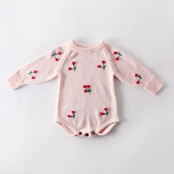 Ins Toamna Stil 2019 Copilul Cherry Salopetă Nou-Născut Dulce Roz Cu Maneci Lungi Tricotate Din Lână Salopete Fetita Floral Costum De Haine 2