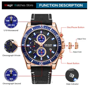 MEGIR 2020 Lux Curea din Piele Cuarț Ceasuri Barbati de Moda Casual Sport Chronograph Watch Om Impermeabil Ceas Luminos 2