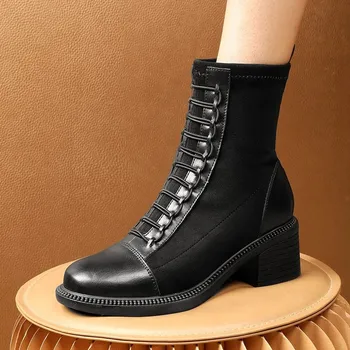 Piața Tocuri Joase de Vest Glezna Cizme de sex Feminin 2020 Toamna de Moda Dantelă-up de Pluș cu Fermoar de Înaltă Calitate, Pantofi Femei Cizme Chelsea 2