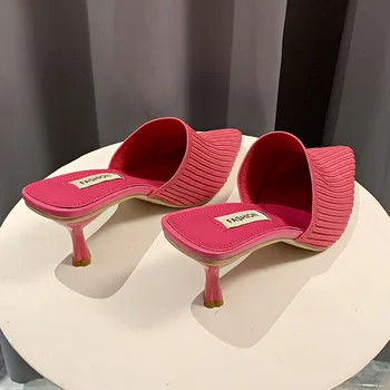 Tricotate Elastic Sus Papuci de Casa Femei cu Toc 5Cm Papuci de sex Feminin Pantofi Ciorap de Vară Designerii Brandului 2020 a Subliniat Catâri 2