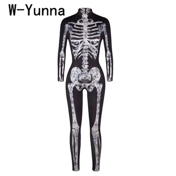 W-Yunna 2019 Halloween Adulti Schelet De Imprimare De Costume Pentru Femei Mâneci Lungi Guler De Gât Salopetă Femei Înfricoșător Diavolul Vrăjitoare Femei 2