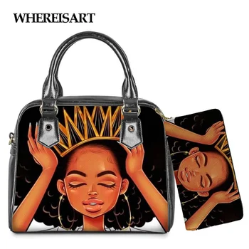 WHEREISART Regina Neagră Africană Fete Imprimate Geantă de Umăr din Piele de Top-Mâner Sac Femei Messenger Pungă cu Pungă 2