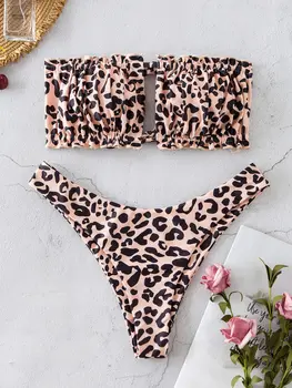 ZAFUL Animal Print Cutată Bandeau Cravată Set de Bikini fara Bretele Leopard de Imprimare de costume de Baie Lega Decupaj Mare Tăiat Bikini Femei Costume de baie Noi 2