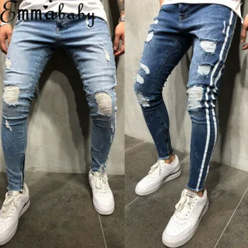 2019 Nou Brand de moda de Moda pentru Bărbați Rupt Blugi Skinny Distrus Uzat Slim Fit Pantaloni Denim cu Fermoar NOI 3