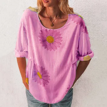 2020 Femei Elegante O-Neck Shirt Bluza Casual De Vara Lenjerie De Pat Din Bumbac Tricou Pulover Supradimensionat Daisy Print Feminin Blusa Topuri Blusas 3