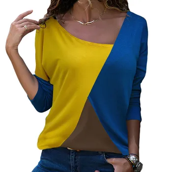 2020 Nou Tricou Femei De Moda Mozaic Tricou De Culoare Bloc De Agrement Maneca Lunga De Sus De Bumbac Casual Pierde T-Shirt Doamnelor Biroul De Sus 3