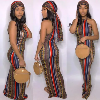 Africa De Îmbrăcăminte Sexy Cu Dungi Multicolore Imprimate De Pe Umăr Rochie Fără Mâneci, Cu Văl Maxi Rochie Femei Boem Petrecere 3
