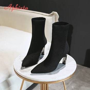 Aphixta Negru Tricotat Elastic Femei Șosete Cizme Pantofi Elegante de Metal Subțire Toc Subliniat Toe Glezna Cizme pentru Femei 3