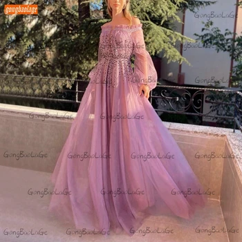 Boho Roz Rochii de Bal Lung 2020 vestidos de gala din Dantela cu Margele Tul O Linie de Rochii Femei Rochie de Petrecere Formală haine de bal 3