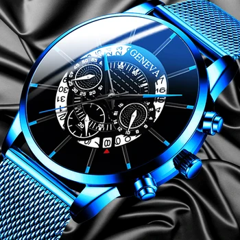 De lux de Moda pentru Bărbați de Afaceri Calendar Ceasuri Albastru Plasă din Oțel Inoxidabil Curea Analog Cuarț Ceas relogio masculino 3