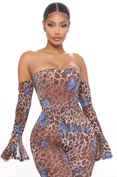 Echoine Vara Leopard Fluture de Imprimare Body și Pantaloni Sexy de Pe Umăr Flare Sleeve Set de Două Piese Plus Dimensiune Tinutele de Club 3