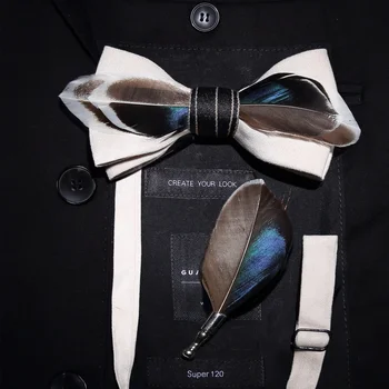 GUSLESON Calitate lucrate Manual Feather Bow Tie si Brosa Set Pentru Bărbați Accesorii de Lux pentru Barbati Set Papion cu Cutie Pentru Cadou de Nunta 3
