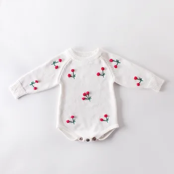 Ins Toamna Stil 2019 Copilul Cherry Salopetă Nou-Născut Dulce Roz Cu Maneci Lungi Tricotate Din Lână Salopete Fetita Floral Costum De Haine 3