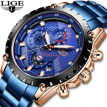 Moda Relogio Masculino LIGE Top Brand de Lux Ceas de mână Cuarț Ceas de Ceas Albastru Bărbați Impermeabil Sport Chronograph Mens Ceasuri 3