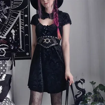 NCLAGEN Gotic Negru Dantelă Gol Afară Femei Rochie Mini Vintage Streetwear Harajuku Vestidos Tinuta de Club Rochii Plisate 3
