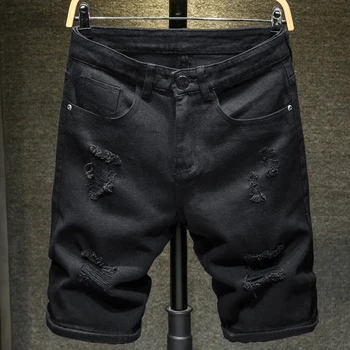 Noi de Vara Alb negru Bărbați Rupt Gaura pantaloni Scurti din Denim Slim Casual Genunchi Lungime Scurt Gaură Blugi pantaloni Scurți, Bermude pentru barbati 3