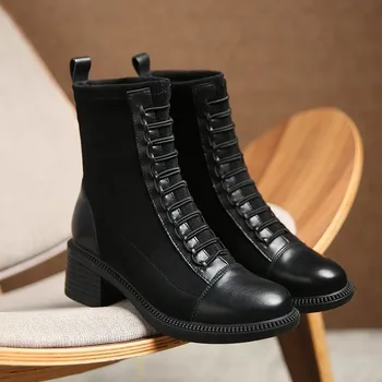 Piața Tocuri Joase de Vest Glezna Cizme de sex Feminin 2020 Toamna de Moda Dantelă-up de Pluș cu Fermoar de Înaltă Calitate, Pantofi Femei Cizme Chelsea 3