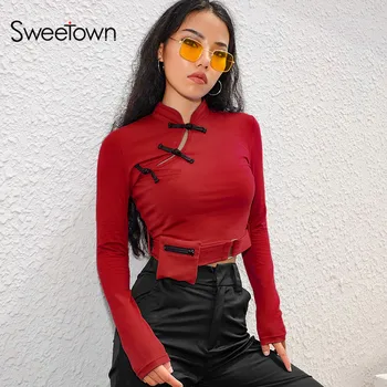 Sweetown Epocă Sexy Crop Top Tricou Femei 2018 Toamna Cu Maneci Lungi Tricou Femme Asimetric Gâtului Moda Coreeană Tricou 3