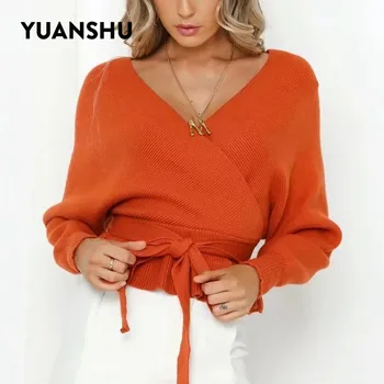 YUNANSHU 2020 Femei de Moda Pulover V Neck Toamna Primavara Tricotate Pulover Casual Batwing Maneca Arc Înnodate Topuri potrivit pentru S-XL 3