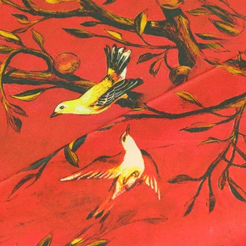 Copac și păsări de imprimare de mătase, Crep DE chine tesatura pe rosu jos 140cm latime,SCDC983 4