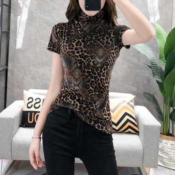 European de primăvară Haine tricou Chic, Sexy Leopard Gât Înalt de Catifea Tricou Femei Topuri Ropa Mujer Bottom Tricou Tricouri 2020 T06801 4