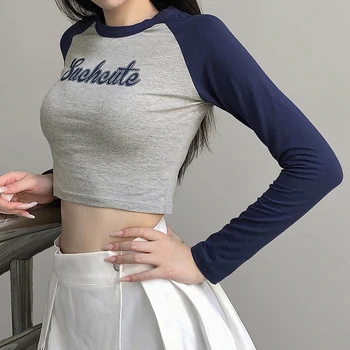 HEYounGIRL Mozaic Scrisoare de Imprimare Casual din Bumbac Tricou Femei de Moda cu Maneci Lungi Decupate T-shirt Doamnelor Slab de Bază Streetwear 4