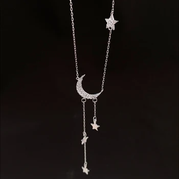 Nou Minunat 925 Sterling Silver Star Luna Ciucure Pandantive Coliere Pentru Femei cravată collares Bijuterii de Nunta Clavicula Colier 4