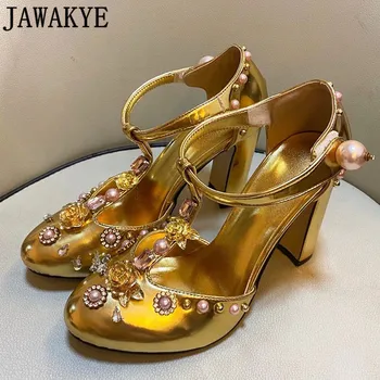 Piele De Aur Stras Pantofi Retro Floare Bijuterii Diamant Nituri Tocuri Inalte Mary Janes Plus Dimensiune Mireasa Nunta Pantofi Femei 4