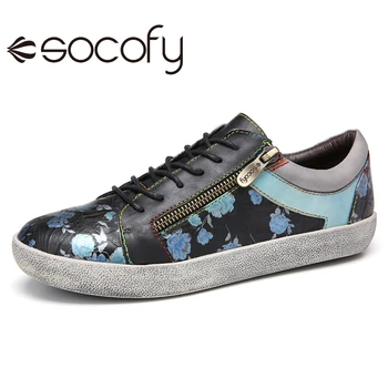 SOCOFY Femei Stil Retro Adidași din Piele Dantela-Up Pantofi de Despicare Florale, Decor cu Fermoar Plat Casual în aer liber, Tenis 2020 4