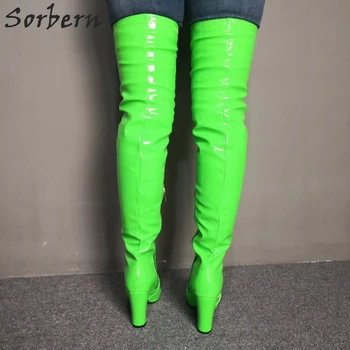 Sorbern Verde Neon Coapsa Inalta Femei Boot Bloc Tocuri Podium de Moda pentru Femei Personalizate Largă de Vițel se Potrivesc Doamnelor Cizme Cizmele 4