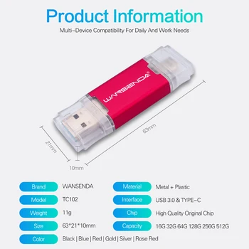 WANSENDA USB 3.0 Flash Drive USB de TIP C Pen Drive 512GB ssd 256GB Pendrive de Tip C Mobil/PC 32GB 64GB 128GB Memoria Stick USB 4