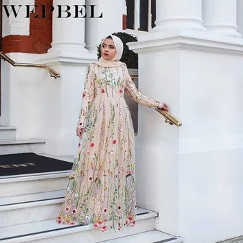 WEPBEL Femeilor Islamice, Turcia Rochii Maneca Lunga Halat Musulman Rochie Caftan Abaya Dubai Dantelă Florale Brodate Halat Elegant, Modest 4