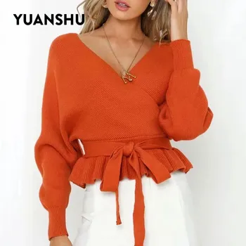 YUNANSHU 2020 Femei de Moda Pulover V Neck Toamna Primavara Tricotate Pulover Casual Batwing Maneca Arc Înnodate Topuri potrivit pentru S-XL 4